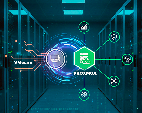 Migração VMware para Proxmox em ambiente hospitalar mostrando servidores modernizados e infraestrutura estável