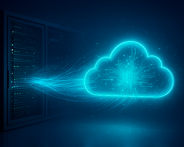 Infográfico conceitual de migração para nuvem mostrando servidores locais conectados à infraestrutura cloud computing