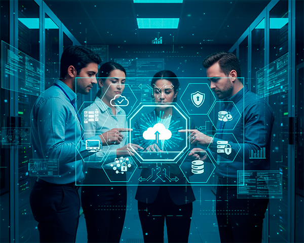 Infográfico conceitual de migração para nuvem mostrando servidores locais conectados à infraestrutura cloud computing